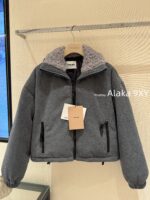MIUMIU  24ss Autumn/Winter New Collection  Plush Collar Grey Short Edition Super Warm Suede Embroidered Logo Down Jacket for Women. - Image 16