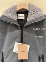 MIUMIU  24ss Autumn/Winter New Collection  Plush Collar Grey Short Edition Super Warm Suede Embroidered Logo Down Jacket for Women. - Image 17