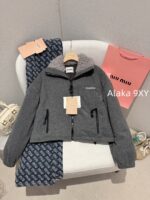 MIUMIU  24ss Autumn/Winter New Collection  Plush Collar Grey Short Edition Super Warm Suede Embroidered Logo Down Jacket for Women. - Image 20