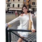 Annandelman Korean niche design  ann early autumn new collectionTencel thin twopiece set shoulder leakage long sleeved base shirt/French ruffled cake half skirt - Image 5