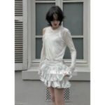 Annandelman Korean niche design  ann early autumn new collectionTencel thin twopiece set shoulder leakage long sleeved base shirt/French ruffled cake half skirt - Image 6