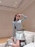 Miumiu American style "paper figure" solid color letter splicing slim fit versatile long sleeved thin bottom top for women - Image 22