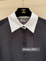 Chanel elegant socialite outfit/2024a early autumn new collectionColor blocked lapel drape custom fabric polka dot shirt for women - Image 7