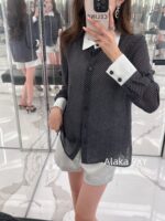 Chanel elegant socialite outfit/2024a early autumn new collectionColor blocked lapel drape custom fabric polka dot shirt for women - Image 15