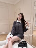 Chanel elegant socialite outfit/2024a early autumn new collectionColor blocked lapel drape custom fabric polka dot shirt for women - Image 20