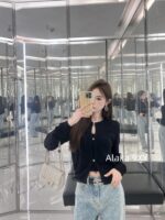 Chanel high version  24A Fashion Collection  A musthave item for white, wealthy and beautiful socialites, with a highend feel. The puffy flower bud sleeves are hollowed out, embroidered with rhinestone buckles, sun resistant, knitted cardigans, and women's hoodies - Image 7