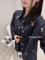 LOUIS VUITTON  2024SS Early Autumn New CollectionHeavy Industry Clover Embroidered Logo Collar Denim Shirt Jacket/Couple's Loose fit - Image 17
