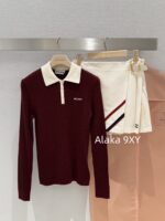 MIUMIU "American College Style Dressing"  Color blocked lapel long sleeved polo collar wine red autumn and winter new style versatile and highend pleated skirt skirt - Image 19