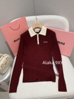 MIUMIU "American College Style Dressing"  Color blocked lapel long sleeved polo collar wine red autumn and winter new style versatile and highend pleated skirt skirt - Image 22