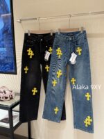 Chrome hearts trendy street fashion sense  24 gram Luo yellow cross patchwork high waisted jeans for women's autumn and winter new wide leg pants