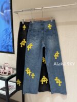Chrome hearts trendy street fashion sense  24 gram Luo yellow cross patchwork high waisted jeans for women's autumn and winter new wide leg pants - Image 3
