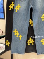 Chrome hearts trendy street fashion sense  24 gram Luo yellow cross patchwork high waisted jeans for women's autumn and winter new wide leg pants - Image 4