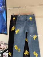 Chrome hearts trendy street fashion sense  24 gram Luo yellow cross patchwork high waisted jeans for women's autumn and winter new wide leg pants - Image 5