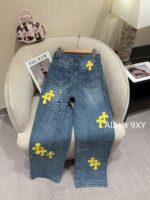 Chrome hearts trendy street fashion sense  24 gram Luo yellow cross patchwork high waisted jeans for women's autumn and winter new wide leg pants - Image 6