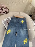 Chrome hearts trendy street fashion sense  24 gram Luo yellow cross patchwork high waisted jeans for women's autumn and winter new wide leg pants - Image 7