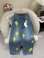 Chrome hearts trendy street fashion sense  24 gram Luo yellow cross patchwork high waisted jeans for women's autumn and winter new wide leg pants - Image 8