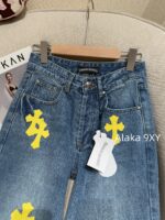 Chrome hearts trendy street fashion sense  24 gram Luo yellow cross patchwork high waisted jeans for women's autumn and winter new wide leg pants - Image 9