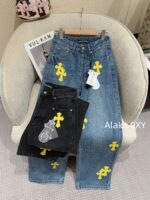Chrome hearts trendy street fashion sense  24 gram Luo yellow cross patchwork high waisted jeans for women's autumn and winter new wide leg pants - Image 10