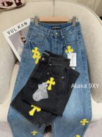 Chrome hearts trendy street fashion sense  24 gram Luo yellow cross patchwork high waisted jeans for women's autumn and winter new wide leg pants - Image 11