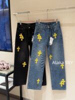 Chrome hearts trendy street fashion sense  24 gram Luo yellow cross patchwork high waisted jeans for women's autumn and winter new wide leg pants - Image 13