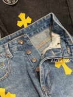 Chrome hearts trendy street fashion sense  24 gram Luo yellow cross patchwork high waisted jeans for women's autumn and winter new wide leg pants - Image 14