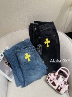 Chrome hearts trendy street fashion sense  24 gram Luo yellow cross patchwork high waisted jeans for women's autumn and winter new wide leg pants - Image 16
