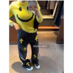 Chrome hearts trendy street fashion sense  24 gram Luo yellow cross patchwork high waisted jeans for women's autumn and winter new wide leg pants - Image 20