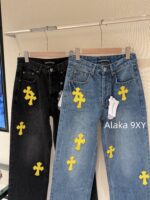 Chrome hearts trendy street fashion sense  24 gram Luo yellow cross patchwork high waisted jeans for women's autumn and winter new wide leg pants - Image 21