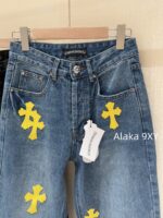 Chrome hearts trendy street fashion sense  24 gram Luo yellow cross patchwork high waisted jeans for women's autumn and winter new wide leg pants - Image 22