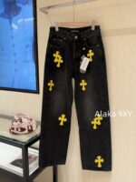 Chrome hearts trendy street fashion sense  24 gram Luo yellow cross patchwork high waisted jeans for women's autumn and winter new wide leg pants - Image 23