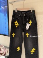 Chrome hearts trendy street fashion sense  24 gram Luo yellow cross patchwork high waisted jeans for women's autumn and winter new wide leg pants - Image 24