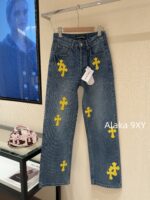 Chrome hearts trendy street fashion sense  24 gram Luo yellow cross patchwork high waisted jeans for women's autumn and winter new wide leg pants - Image 25