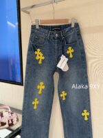 Chrome hearts trendy street fashion sense  24 gram Luo yellow cross patchwork high waisted jeans for women's autumn and winter new wide leg pants - Image 26