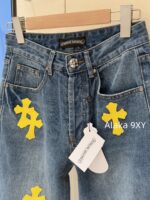 Chrome hearts trendy street fashion sense  24 gram Luo yellow cross patchwork high waisted jeans for women's autumn and winter new wide leg pants - Image 27
