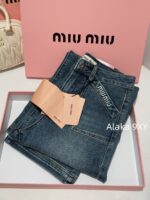 MIUMIU  Versatile fashion musthave24ss autumn and winter new collection, heavy embroidery pocket letter logo, high waist slimming, blue wide leg jeans for women - Image 6