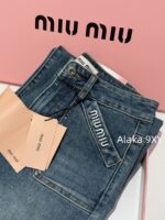MIUMIU  Versatile fashion musthave24ss autumn and winter new collection, heavy embroidery pocket letter logo, high waist slimming, blue wide leg jeans for women - Image 7