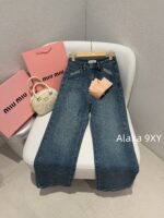 MIUMIU  Versatile fashion musthave24ss autumn and winter new collection, heavy embroidery pocket letter logo, high waist slimming, blue wide leg jeans for women - Image 10