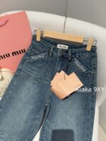 MIUMIU  Versatile fashion musthave24ss autumn and winter new collection, heavy embroidery pocket letter logo, high waist slimming, blue wide leg jeans for women - Image 11