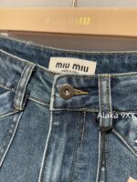 MIUMIU  Versatile fashion musthave24ss autumn and winter new collection, heavy embroidery pocket letter logo, high waist slimming, blue wide leg jeans for women - Image 12