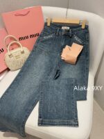 MIUMIU  Versatile fashion musthave24ss autumn and winter new collection, heavy embroidery pocket letter logo, high waist slimming, blue wide leg jeans for women - Image 13