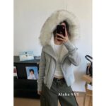 Rarelyalike Yi Menglin Same Style  Niche Trendy Brand RA Hooded Plush Inner Tank Cotton Jacket 2024 Autumn/Winter New Thick Grey Wool Collar Hoodie - Image 13