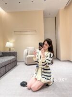DIOR  24 Early Autumn New CollectionElegant Style Wearing Jacquard Letter Logo Hollow Knitted Bathrobe Style Belt Design Navy Style Striped Knitted Coat for Women - Image 9