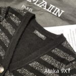 BALMAIN  2024 Early Autumn New Collection  Black Silver Stripe Glitter Versatile Casual Vneck Show Thin Temperament Metal Buckle Dress for Women