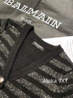 BALMAIN  2024 Early Autumn New Collection  Black Silver Stripe Glitter Versatile Casual Vneck Show Thin Temperament Metal Buckle Dress for Women