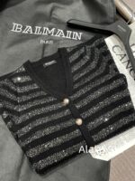 BALMAIN  2024 Early Autumn New Collection  Black Silver Stripe Glitter Versatile Casual Vneck Show Thin Temperament Metal Buckle Dress for Women - Image 3