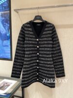 BALMAIN  2024 Early Autumn New Collection  Black Silver Stripe Glitter Versatile Casual Vneck Show Thin Temperament Metal Buckle Dress for Women - Image 4