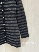 BALMAIN  2024 Early Autumn New Collection  Black Silver Stripe Glitter Versatile Casual Vneck Show Thin Temperament Metal Buckle Dress for Women - Image 9