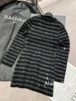 BALMAIN  2024 Early Autumn New Collection  Black Silver Stripe Glitter Versatile Casual Vneck Show Thin Temperament Metal Buckle Dress for Women - Image 12