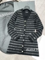 BALMAIN  2024 Early Autumn New Collection  Black Silver Stripe Glitter Versatile Casual Vneck Show Thin Temperament Metal Buckle Dress for Women - Image 21