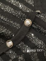 BALMAIN  2024 Early Autumn New Collection  Black Silver Stripe Glitter Versatile Casual Vneck Show Thin Temperament Metal Buckle Dress for Women - Image 24